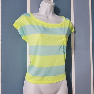 American Eagle Outfitters Neon Yellow and Light Blue Striped Tee